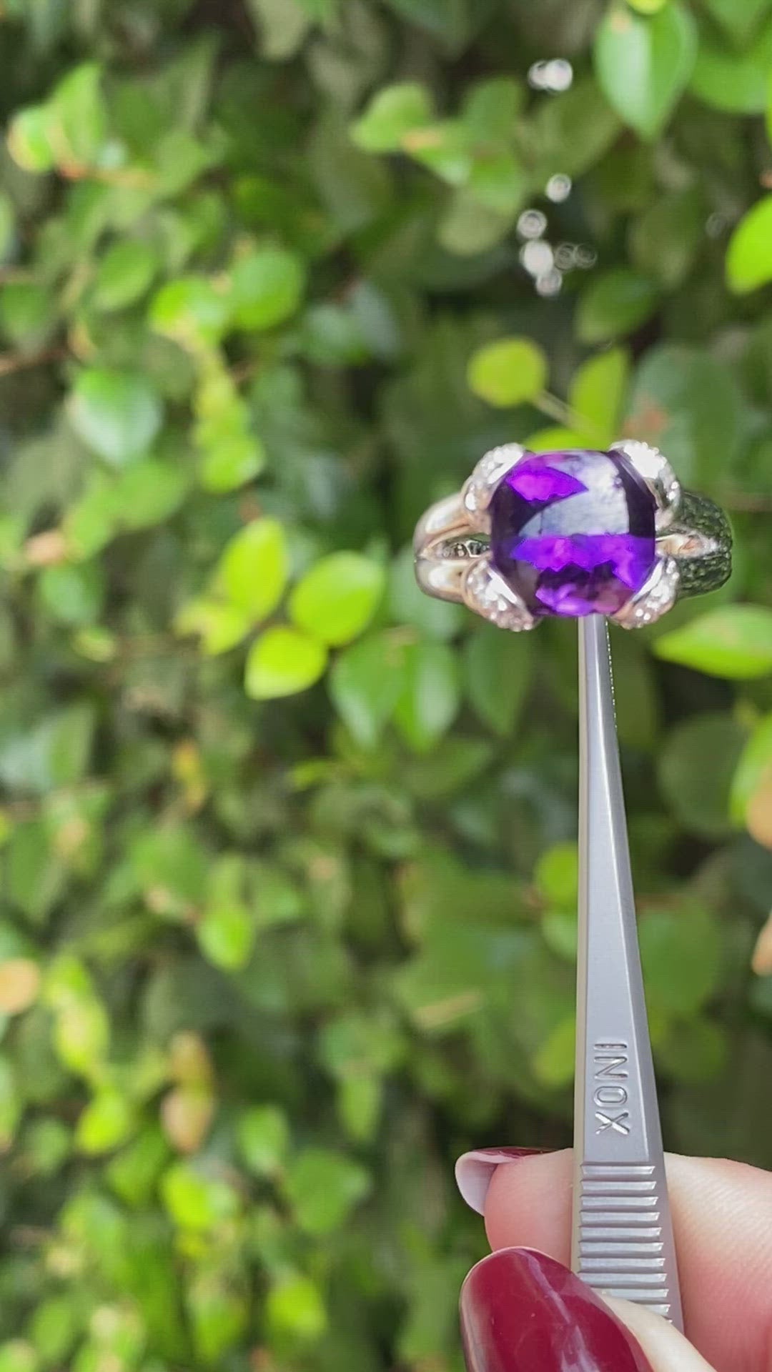 Cushion Amethyst Solitaire Ring with Diamond accents