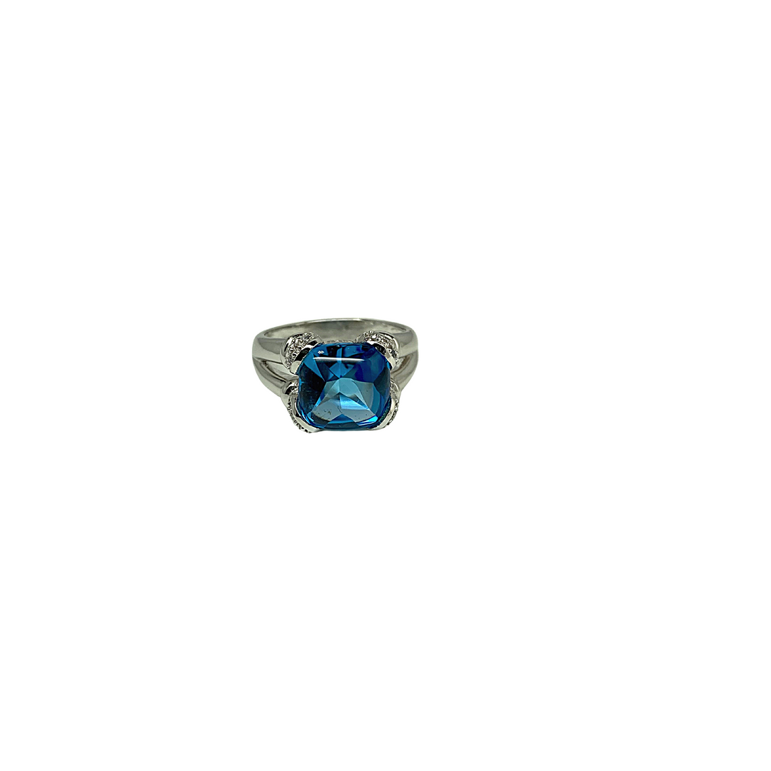 Blue Topaz Cabochon Diamond White Gold 14K Ring