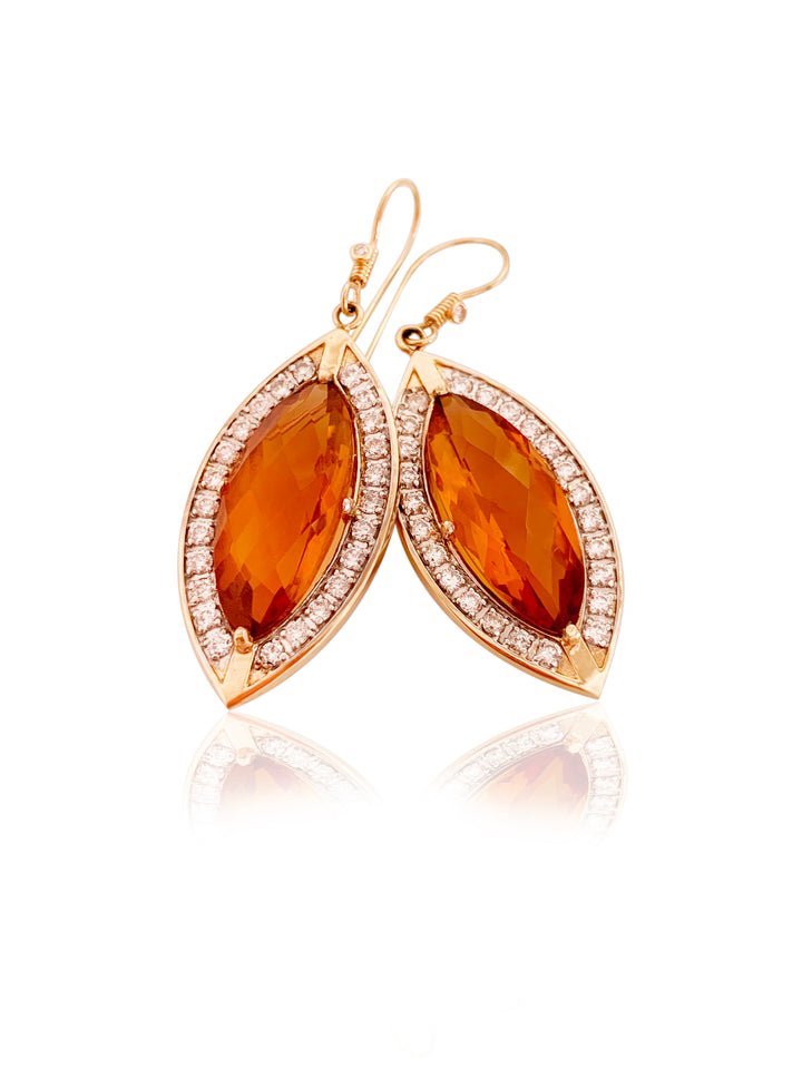 Citrine Madeira Slice Marquise Cut and White Diamond Dangle Earrings