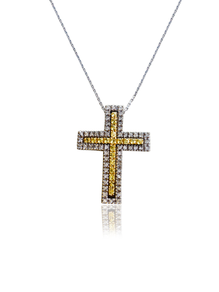 14 k  white goldTwo in one Yellow Sapphire and round white diamonds cross Necklace