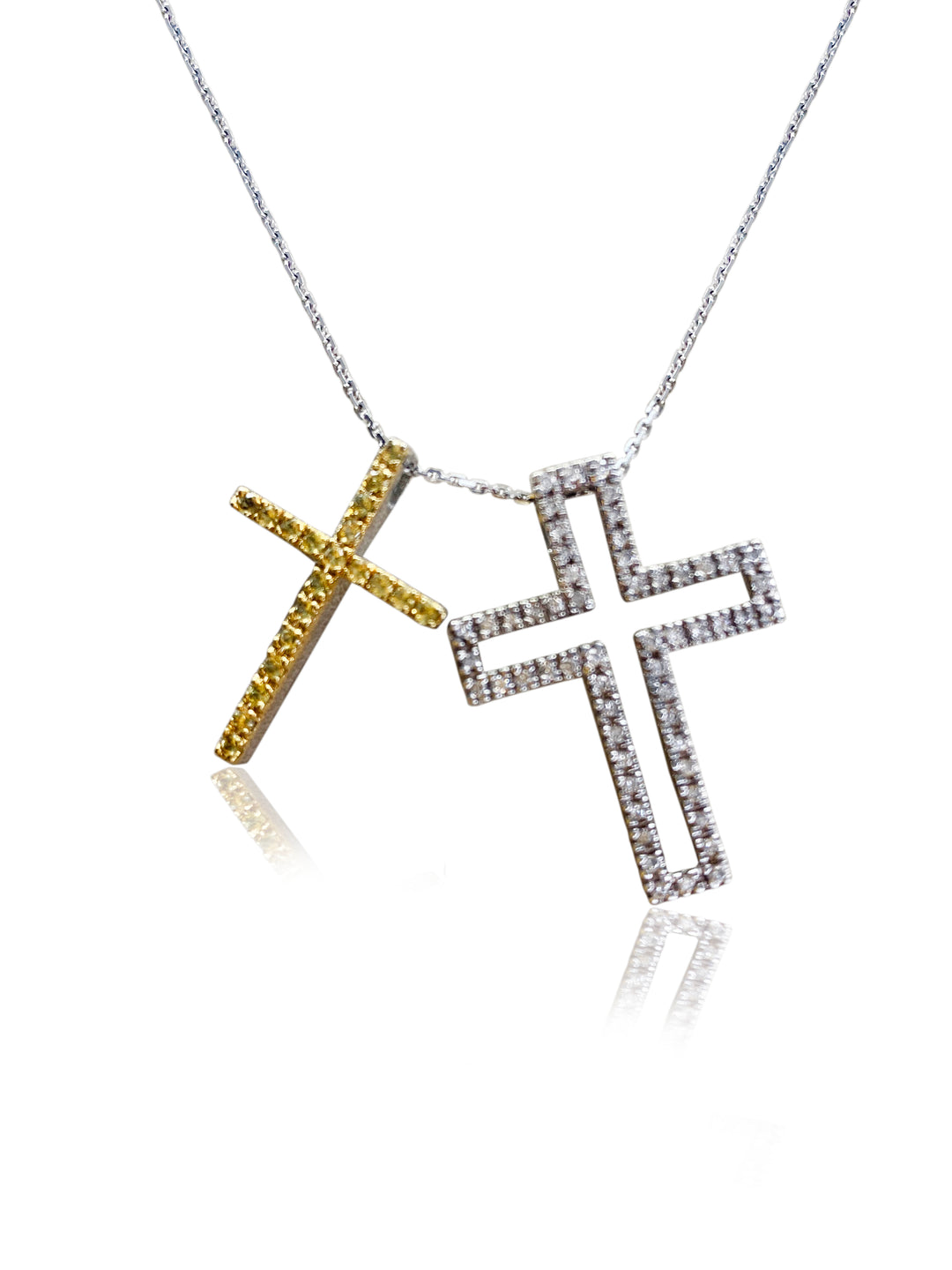 14 k  white goldTwo in one Yellow Sapphire and round white diamonds cross Necklace