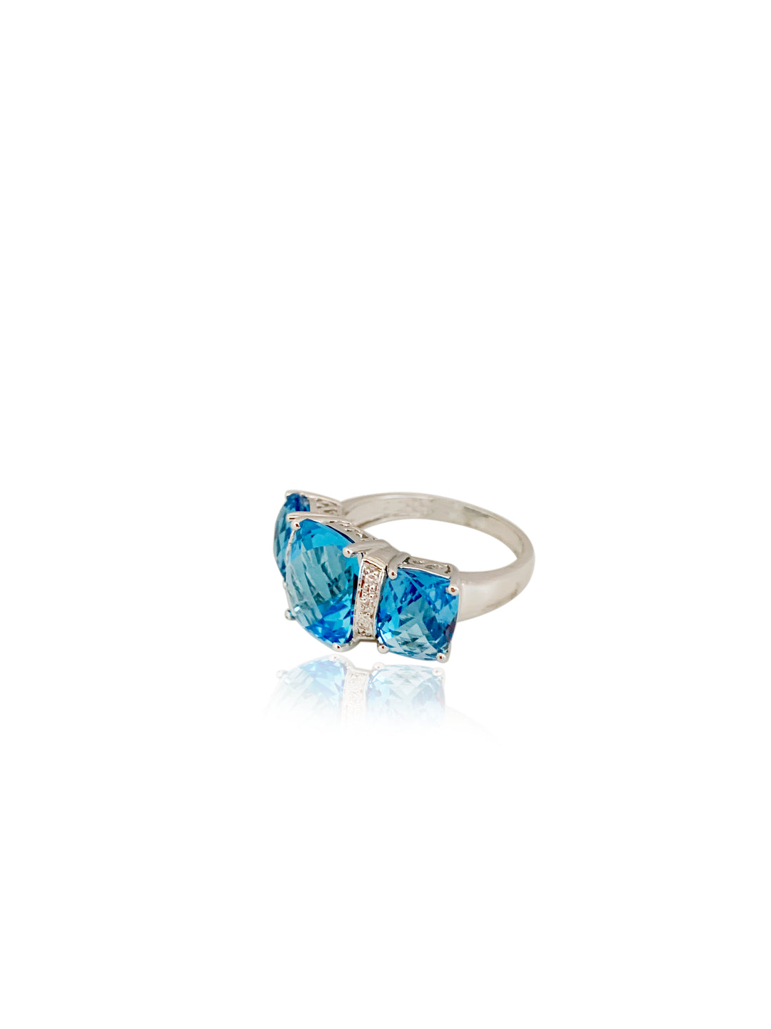 Three Stone Swiss Blue Quartz Cushion Diamond Ring