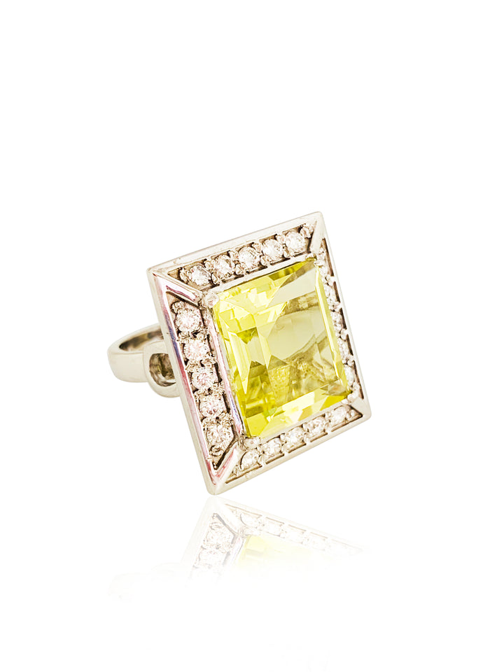 Lemon Quartz Square Diamond Ring