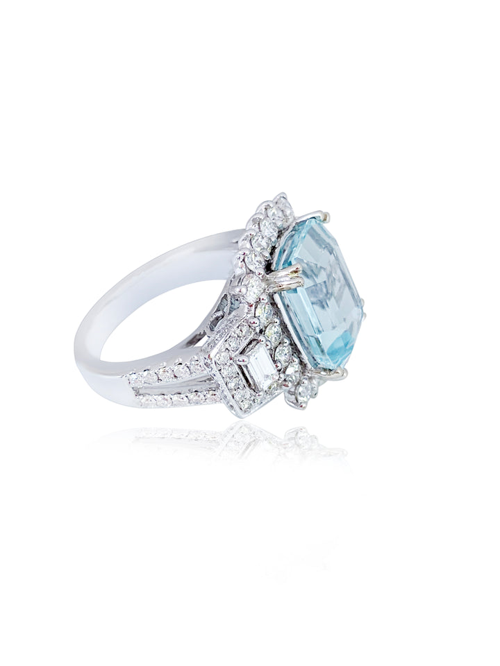 Aquamarine Cushion- Cut  Engagement  Diamond Ring 14k Gold